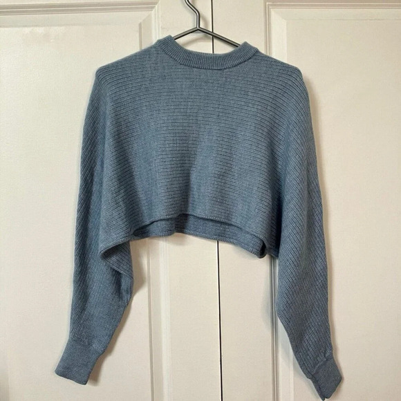 Aritzia Wilfred Free Lolan 100% Merino Wool Blue batwing  Sleeve Cropped Sweater - Picture 2 of 11